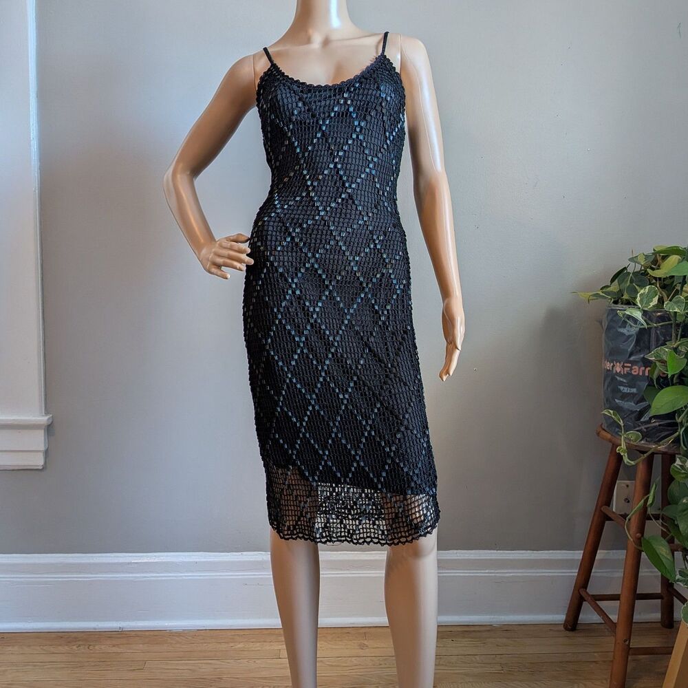 Vintage 90s Basix II Black Beaded Crochet Dress Midi Whimsigoth Size S